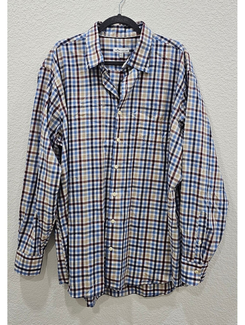 Peter Millar Men’s XXL Plaid Button Down Shirt 100% Cotton Blue Burgundy Tan